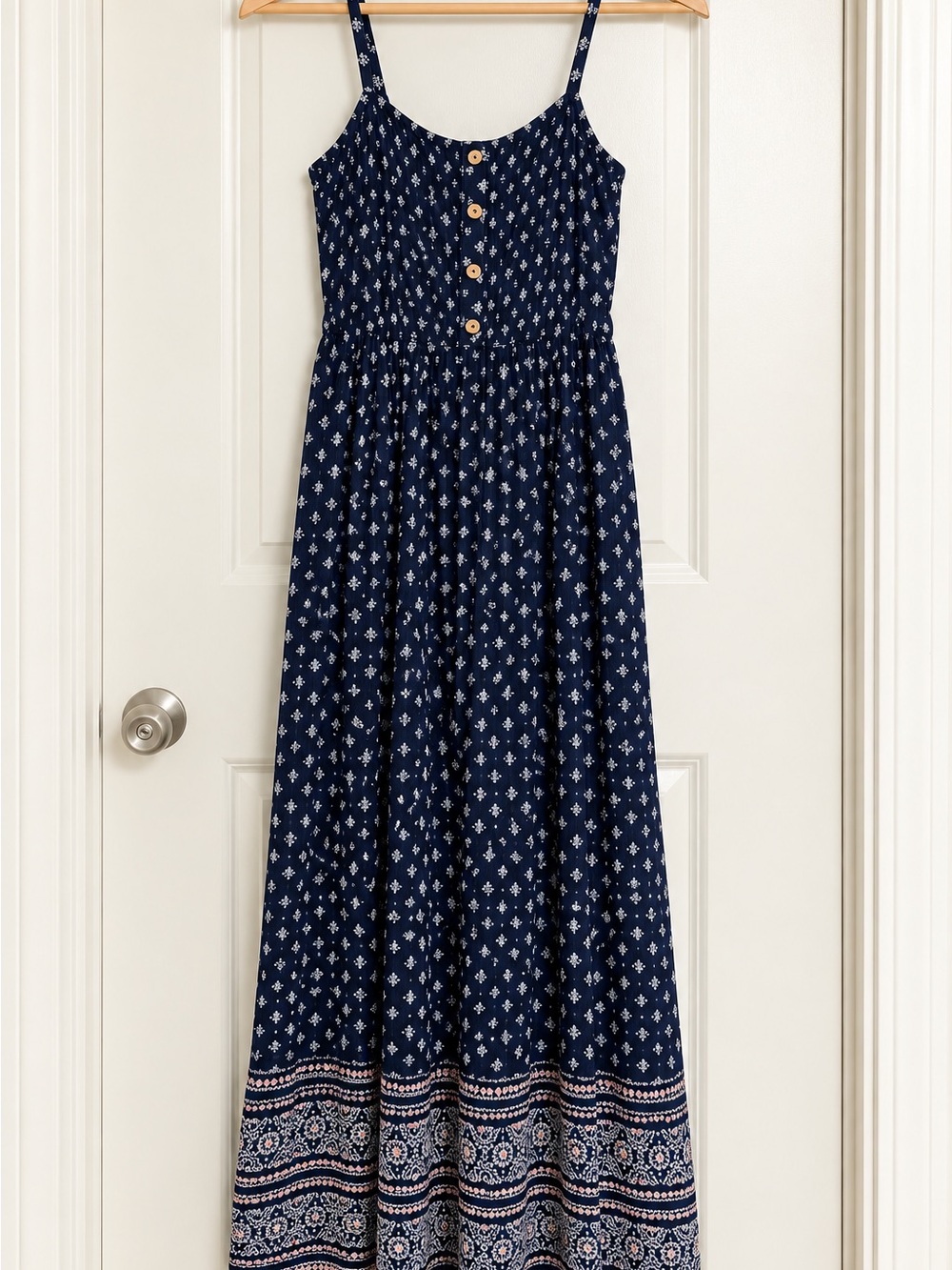 As U Wish Navy Printed Maxi Dress with Button Front